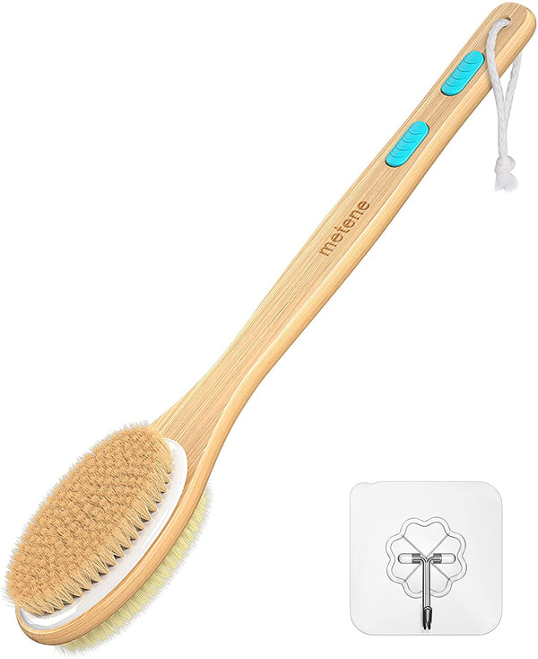 Metene Shower Brush with Soft & Stiff Bristles, Bath Dual-Sided Long Handle Back Scrubber, 1 Hook